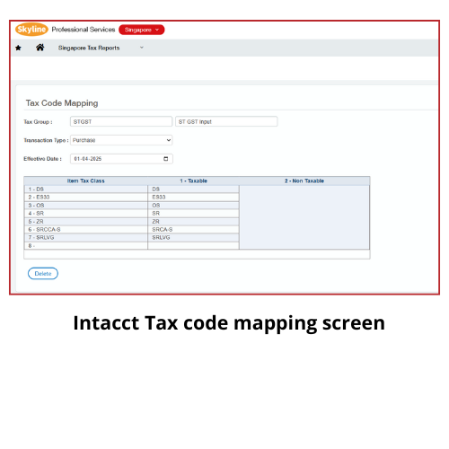 Intacct Tax code mapping screen